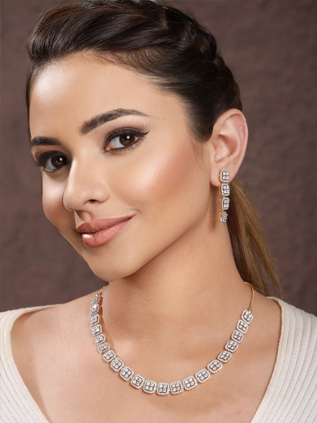 Gold Polished White CZ Studded contemporary Jewellery set