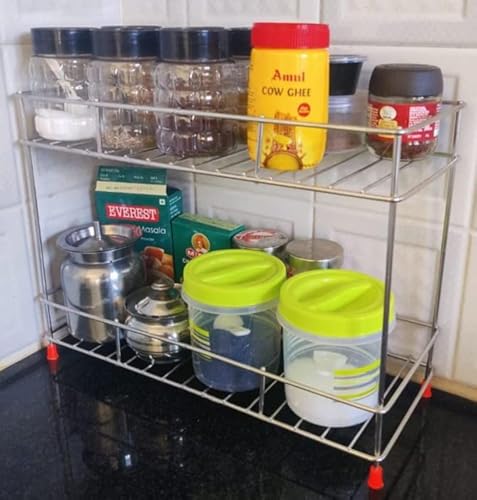 Cri8Hub Heavy Stainless Steel 2 Tier Kitchen Rack - Spice Boxes Rack Kitchen Stand - Cosmetic Organizer,