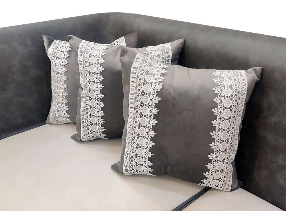 GOODVIBES 16X16 Inches Grey Velvet Cutwork Boho Square Cushion Cover with Lace for Décor Sofa Couch Living Room Bedroom Farm House Indoor Outdoor | 40cm * 40 cm I Set of 3|