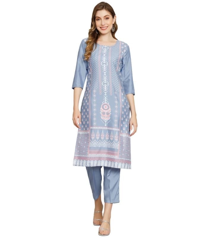 Women's Casual 3/4th Sleeve Printed Crepe Kurti Set (Blue, M)-PID46139