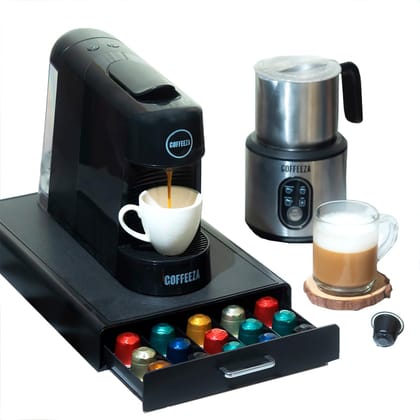 COFFEEZA Finero Next Pod Coffee Machine with Milk Frother & Capsule Storage Drawer (Combo) 20 Bar Pressure, Nespreso Pod Compatible | Perfect Coffee Maker for Espresso, Latte & Cappuccino COFFEEZA Finero Next Pod Coffee Machine with Milk Frother & Capsul