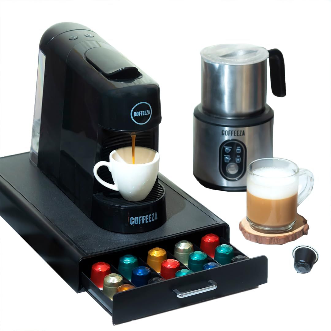 COFFEEZA Finero Next Pod Coffee Machine with Milk Frother & Capsule Storage Drawer (Combo) 20 Bar Pressure, Nespreso Pod Compatible | Perfect Coffee Maker for Espresso, Latte & Cappuccino COFFEEZA Finero Next Pod Coffee Machine with Milk Frother & Capsul