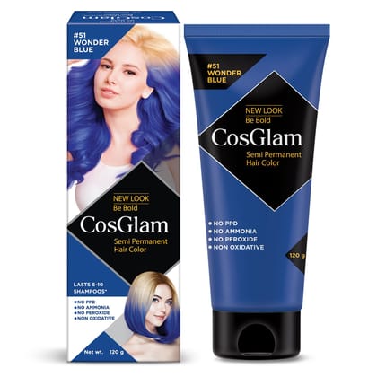 COSGLAM Semi Permanent Hair Color, No Peroxide, Non Oxidative, Ammonia Free Hair Colour 51 Wonder Blue - 120gm