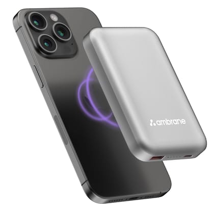 Ambrane Magsafe Wireless 10000Mah Fast Charging Power Bank,Strong Magnet,22.5W Output for iPhone 12 Back Cover & Above,Android & Other Qi Enabled Devices + Magnetic Ring (Aerosync Snap,Silver) Ambrane Magsafe Wireless 10000Mah Fast Charging Power Bank,St