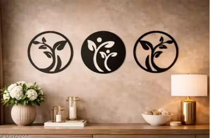 Oshi Decor Metal Wall Art Decor Round Leaf Design | Modern Black Iron Wall Hanging for Living Room, Bedroom & Office (32 x 32 cm ) Set of 3