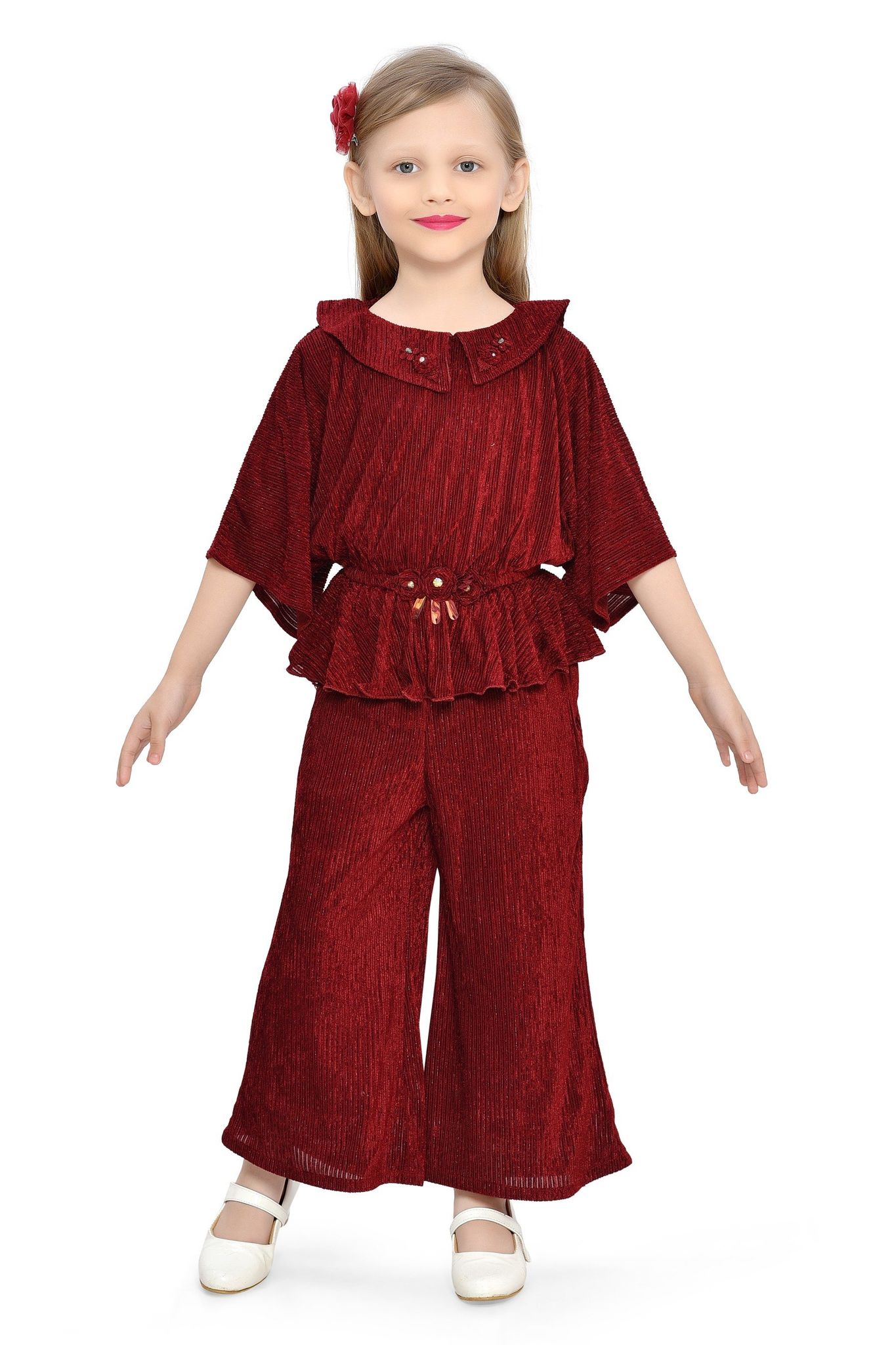 Be:Kids Burgundy Textured Ruffle Top and Wide-Leg Pants Set