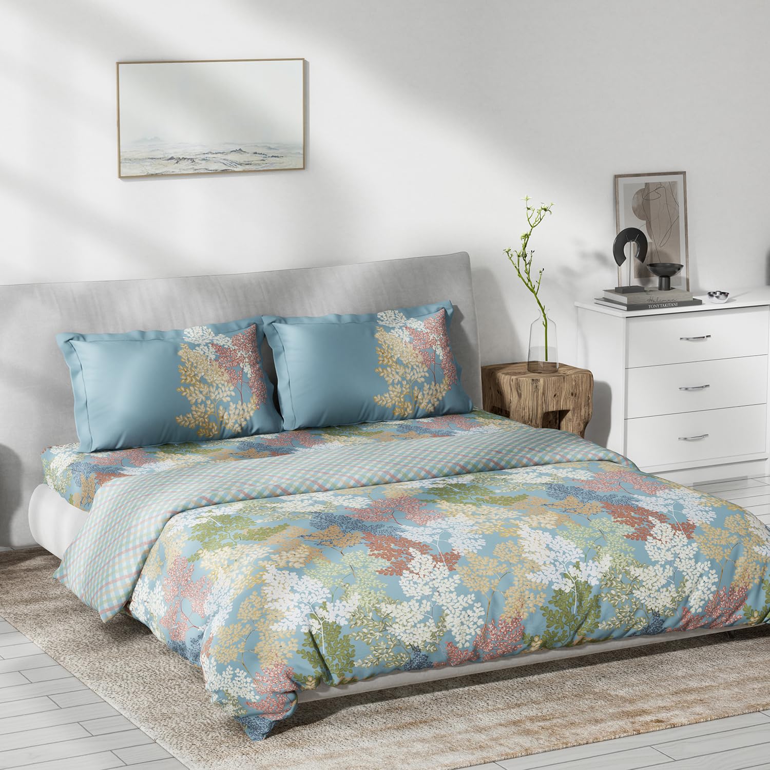 DDECOR - Primary Collection 100% Cotton Leaves Pattern 145TC King Bedsheet |254 CM X 274 CM|, Quilt and with 2 Pillow Covers - Blue