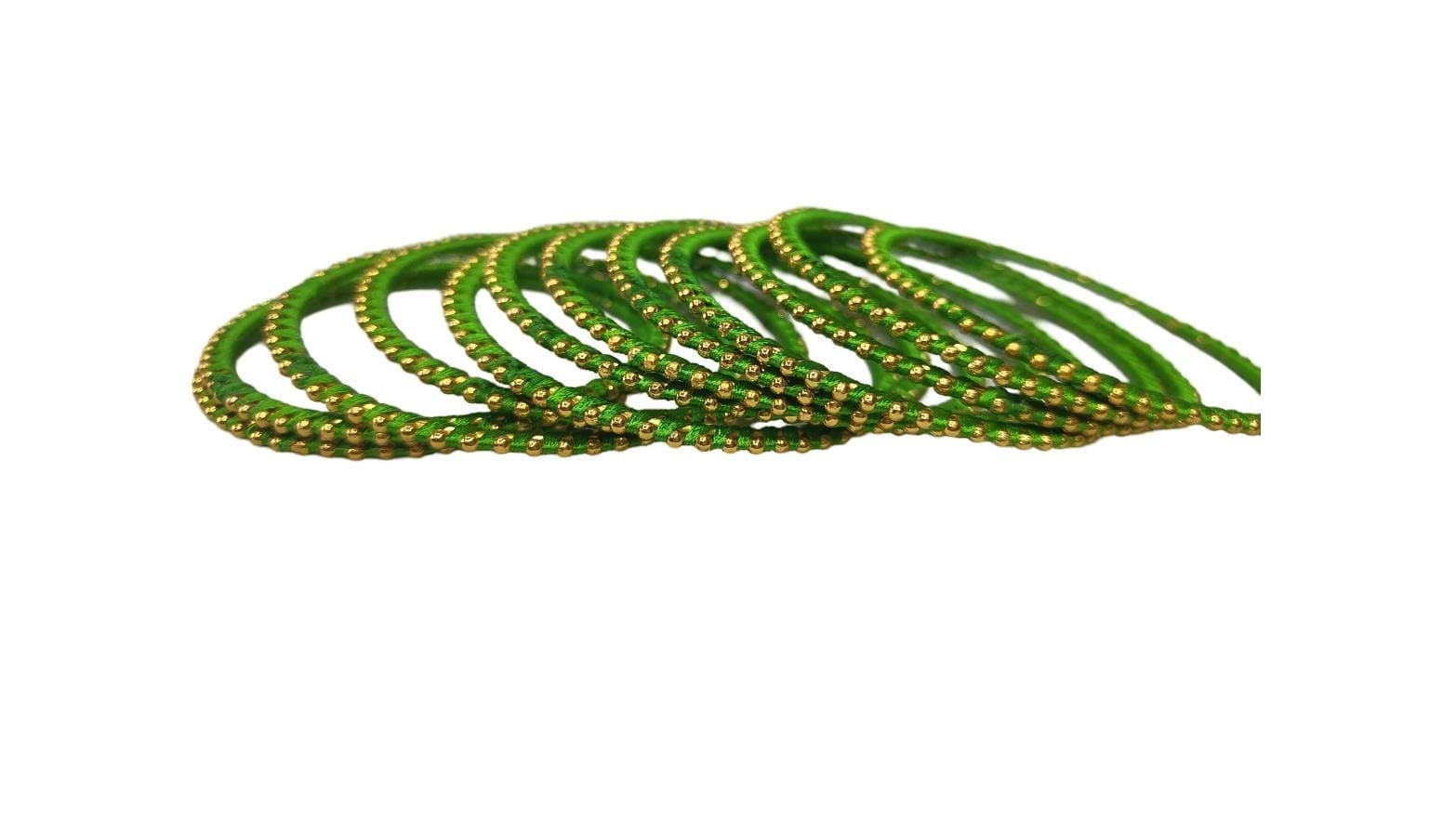 Green Silk Thread Bangles with Golden Beads