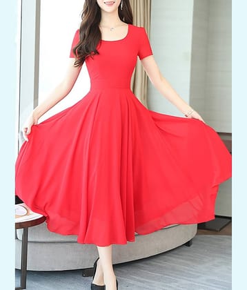 vivient Women Georgette Solid Fit & Flare Dress ( Pink )