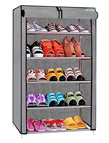 FLIPZON Multipurpose 5 Shelves Shoe Rack with Zip Door Cover&Side Pockets,Multiuse Storage Rack for