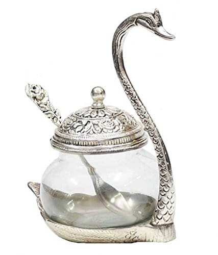 DreamKraft Aluminum Duck Shaped Blue Colored Glass Bowl Tray Set with Spoon (11x15x11 cm, Silver)