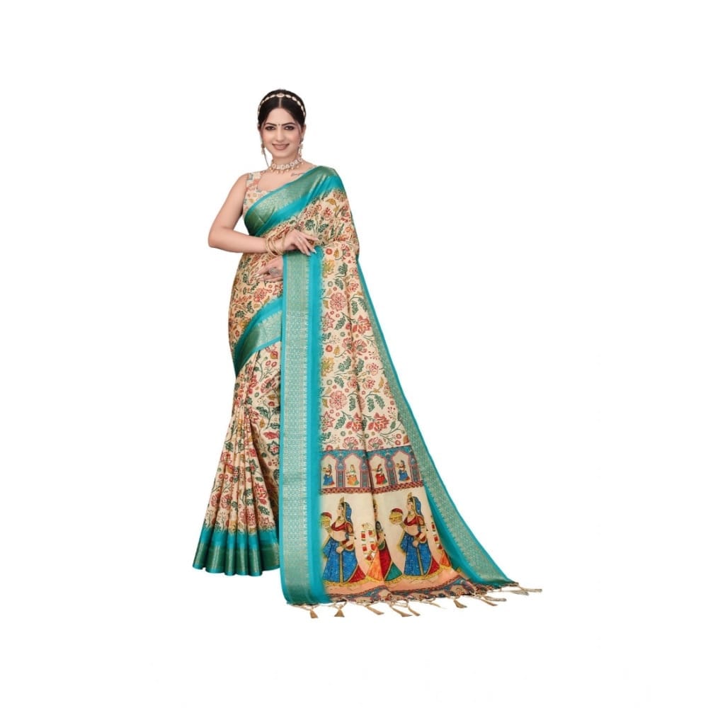 womens cotton silk printed saree with unstitched blouse 5mtr sky blue pid63886