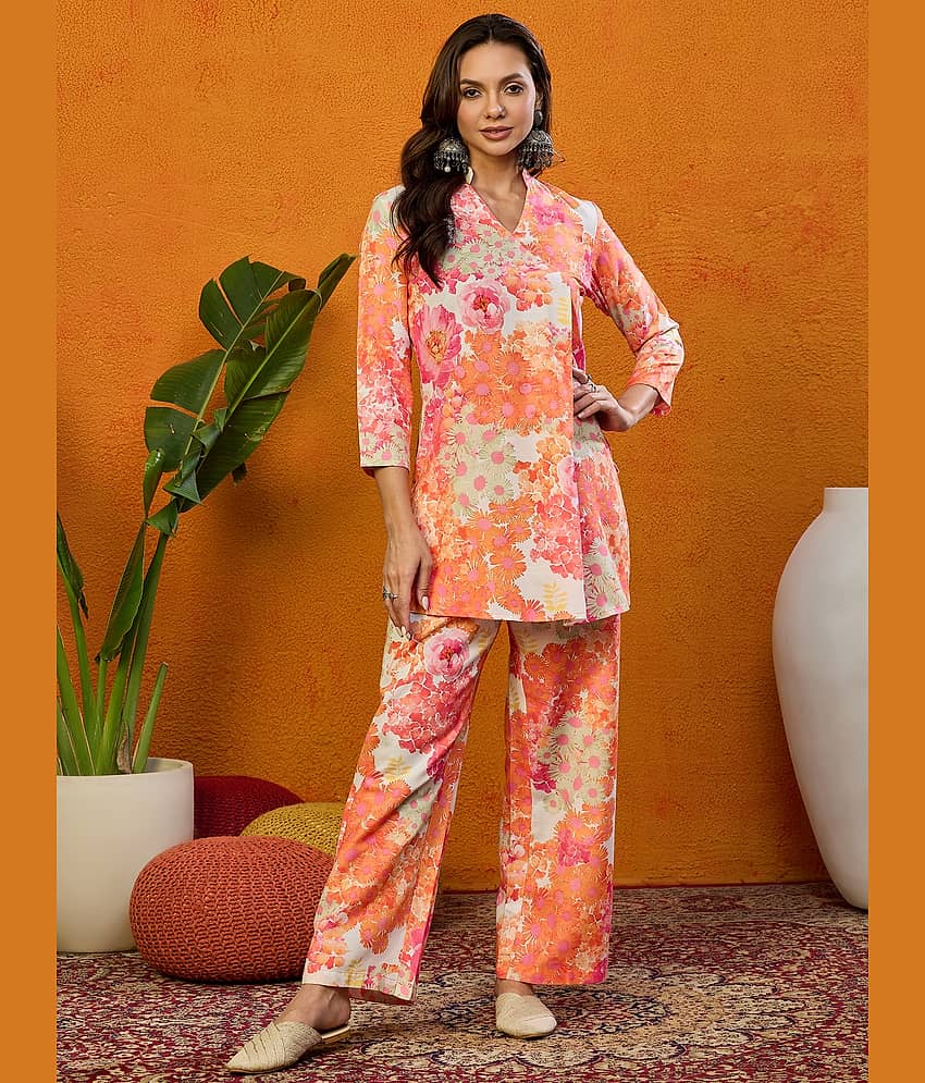 Vaamsi Women Printed Tunic With Trousers Co-Ord Set ( Orange )