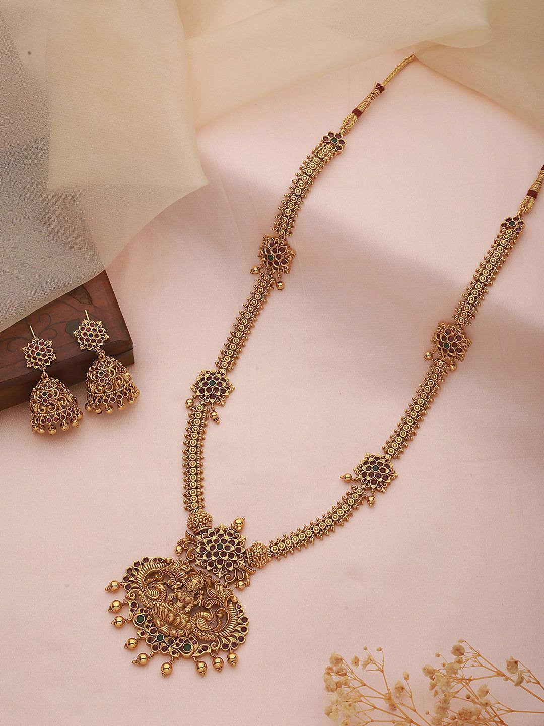 Saraf RS Gold Plated ADStudded Temple Lakshmi Long Haram Jewellery set