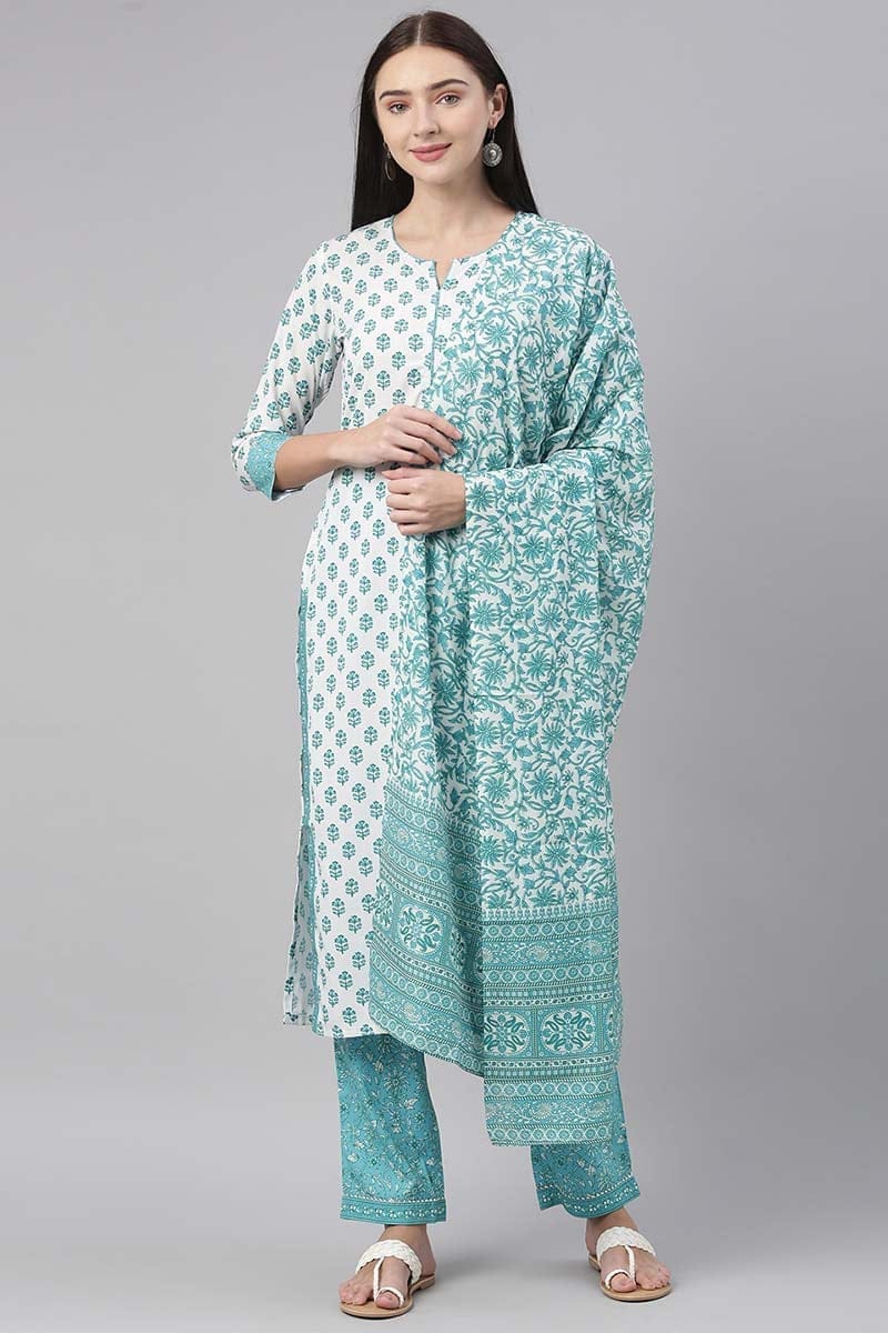 White Polyester Ethnic Motifs Straight Suit Set PKSKD1028