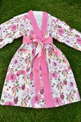 Kids Handblock Premium Cotton Bathrobe Pink Elephant pattern Medium (4-6 years)