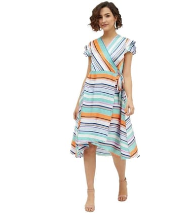 Women's Satin Striped Short Sleeve Knee-Length Dress (Multicolor, XL)-PID55801
