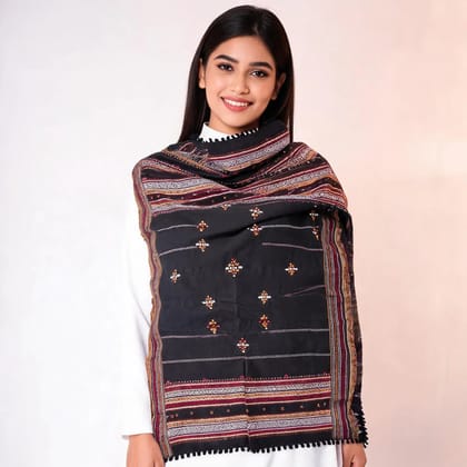 Black Woolen Geometric Embroidered Shawl For Women