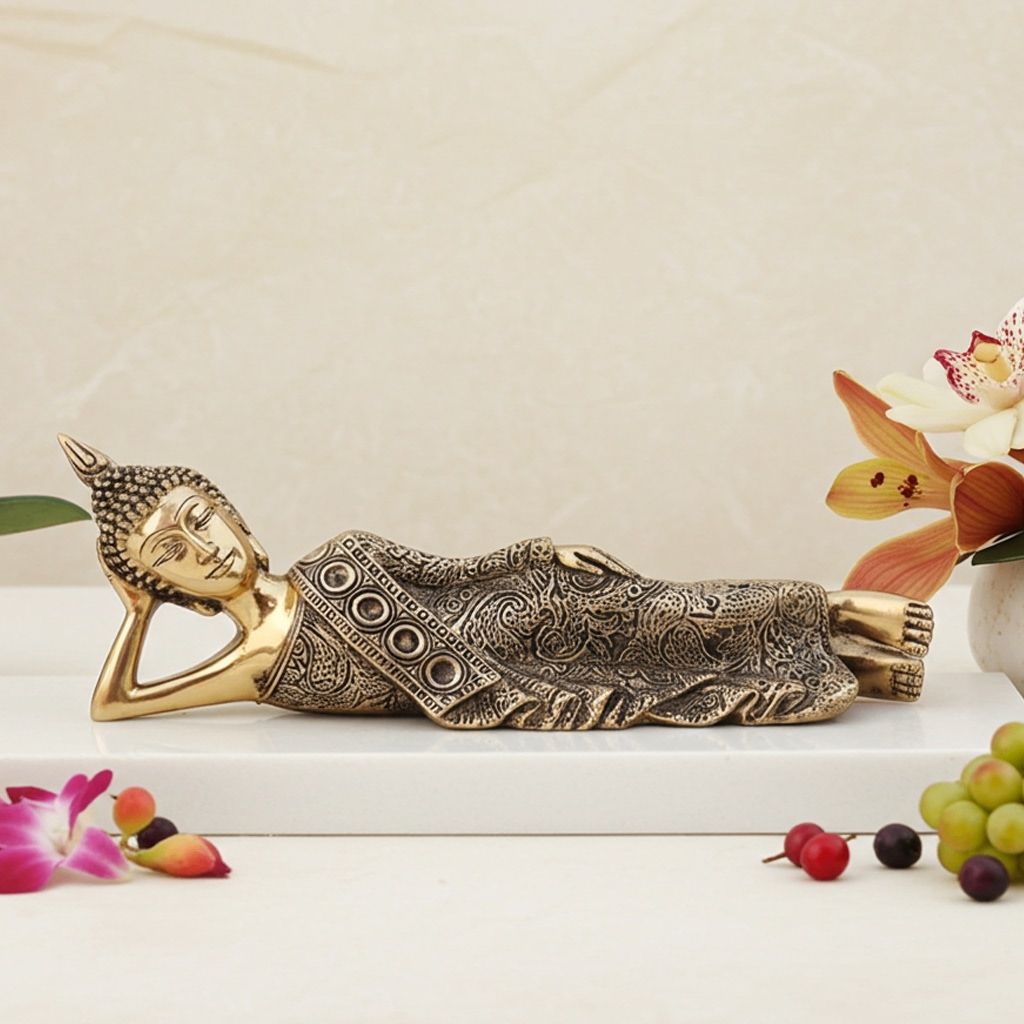 Brass Sleeping Buddha Decorative Statue - Serenity Home Piece, Height : 4.5 Inch (BSMAS136 B)