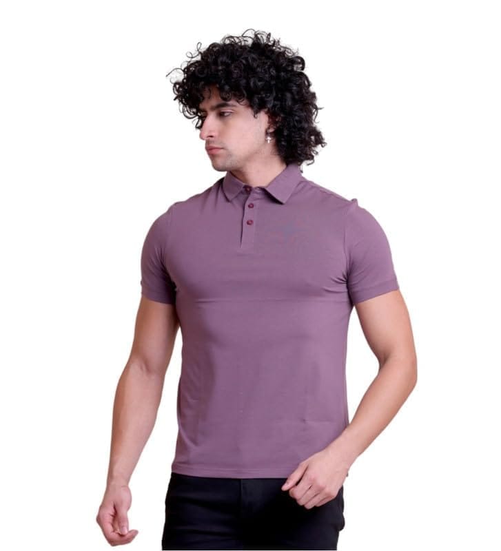 Men's Casual Cotton Solid Half Sleeve Polo Neck T-Shirt (Berry, M)-PID57332