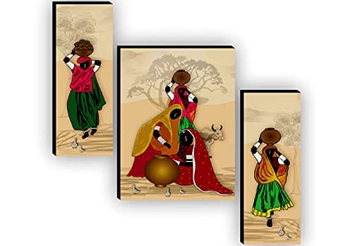 Set of 3 Rajasthani Village Ladies Modren Art UV Textured Home Decorative Gift Item MDF Painting 12 Inch X 18 Inch