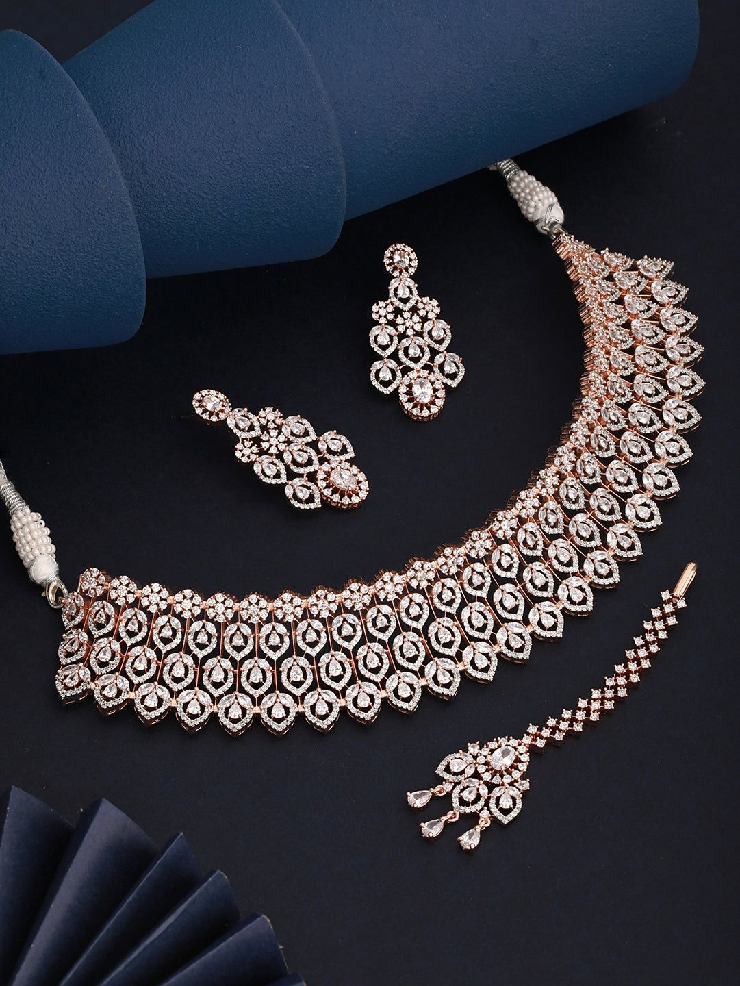 Rose Gold Plated White AD Choker mang Tika jewellery Set