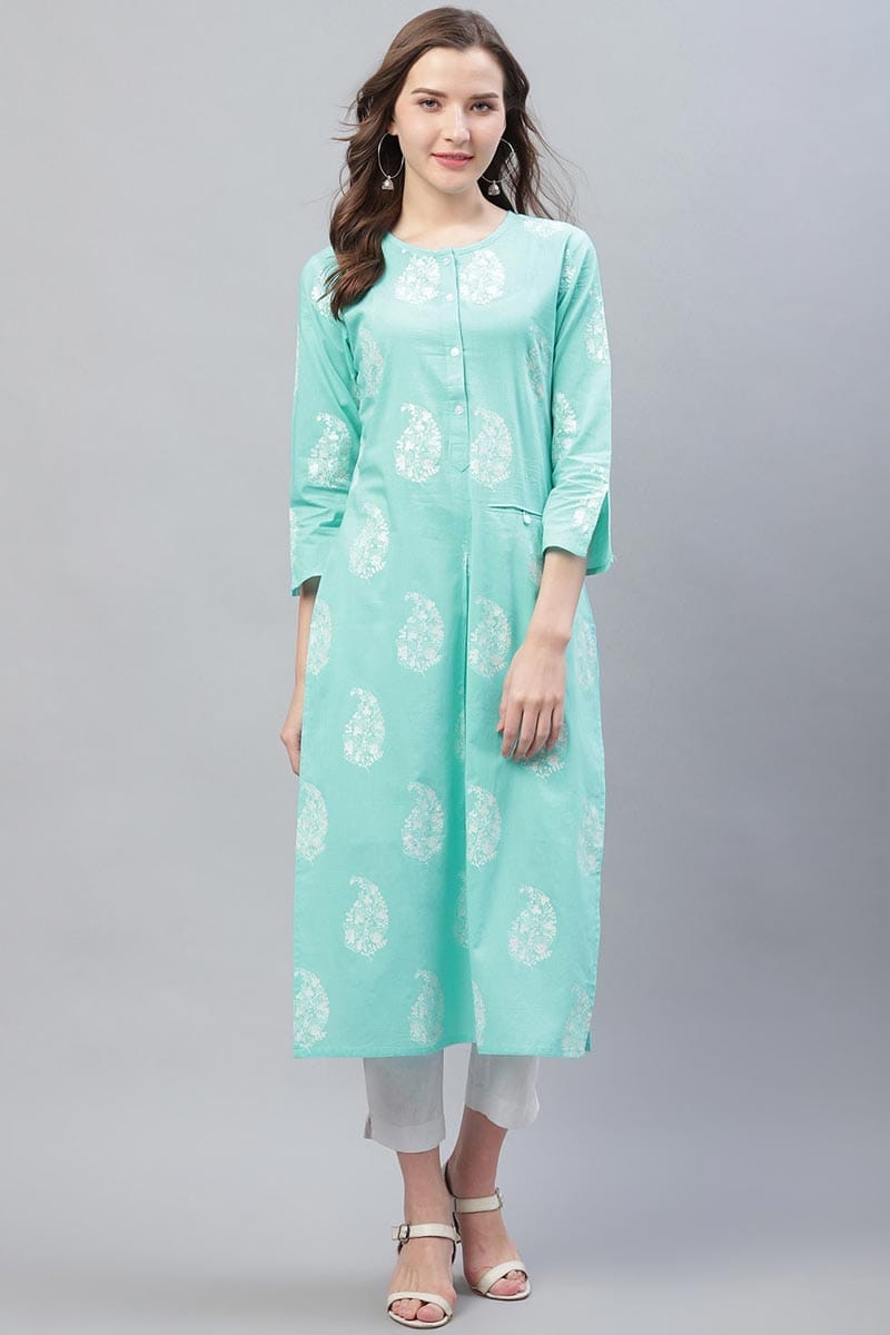 Trendy Festive Wear Cyan Printed Kurti VCK1569