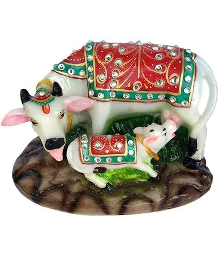 Fashion Bizz Handcrafted Marble Kamdhenu Cow Statue With Calf For Home Decor - 10 cm