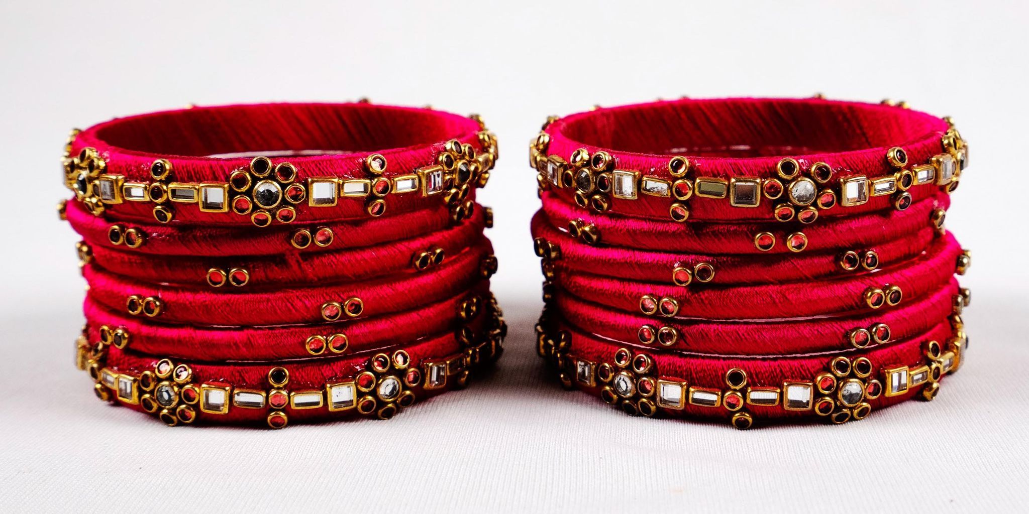 Set of 16, Pink Silk Thread Bangle with Rhinestone