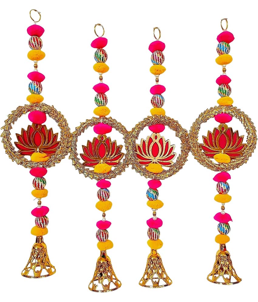 Handmade Lotus Wall Hanging with Bells & Pom-Poms | Ethnic Festive Home Decoration for Diwali, Navratri, Ganesh Chaturthi, Wedding & Pooja Décor(set of 4)