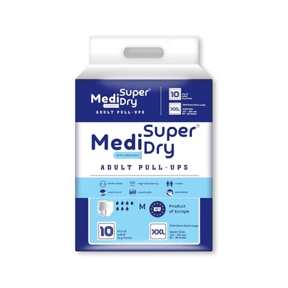 Medisuperdry Adult Diaper Pants | Double Extra Large (2XL) |Waist 152-205 cm (60-80 inches) |High Absorbency -10 Hrs |Leakproof |Breathable |Odourless |Elastic Waist |Men & Women | 10 Units, Pack