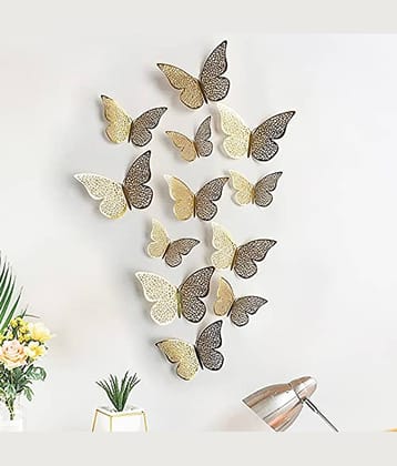 PINDIA Gold 12 pcs 3D Metal BUTTERFLY for Party Décor 3D Sticker ( 12 x 7 cms )