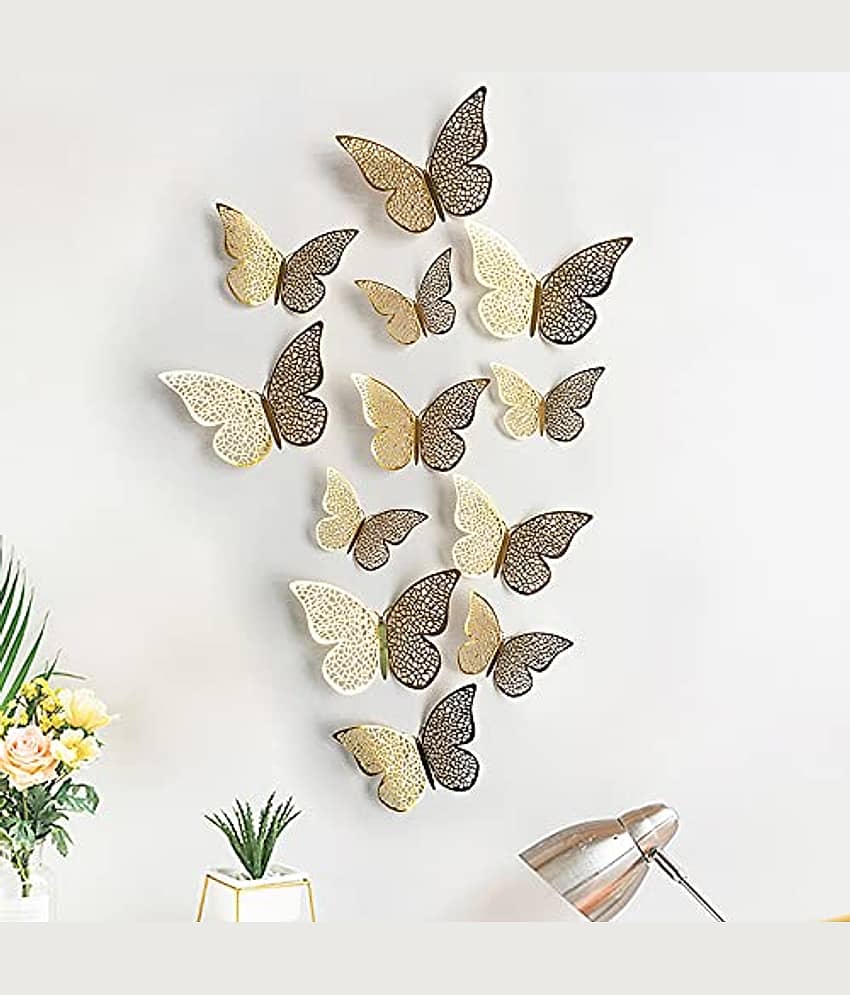 PINDIA Gold 12 pcs 3D Metal BUTTERFLY for Party Décor 3D Sticker ( 12 x 7 cms )