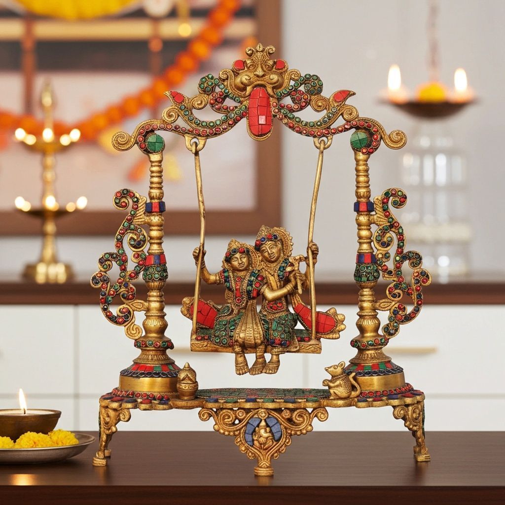 Brass Radha Krishna Jhula Idol - Stone Work Brass Statue, Height : 18.5 Inch (BSMAS1629 D)