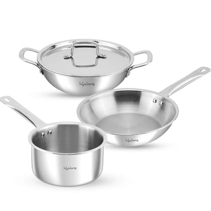 Lifelong 4 piece Triply cookware Set| Triply Kadai, Frypan & Saucepan for Cooking | 24 cm Kadai & Fry Pan 22 cm with Lid | 16 cmSauce Pan | Induction Bottom & Gas Stove Cookware (Silver, LLTPKFPSP01) Lifelong 4 piece Triply cookware Set| Triply Kadai, Fr