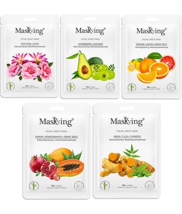 Masking Bamboo Pink Rose Gooseberry Orange Papaya Neem Face Sheet Mask 100 ml Pack of 5