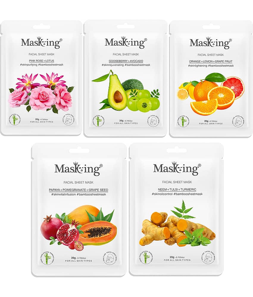 Masking Bamboo Pink Rose Gooseberry Orange Papaya Neem Face Sheet Mask 100 ml Pack of 5