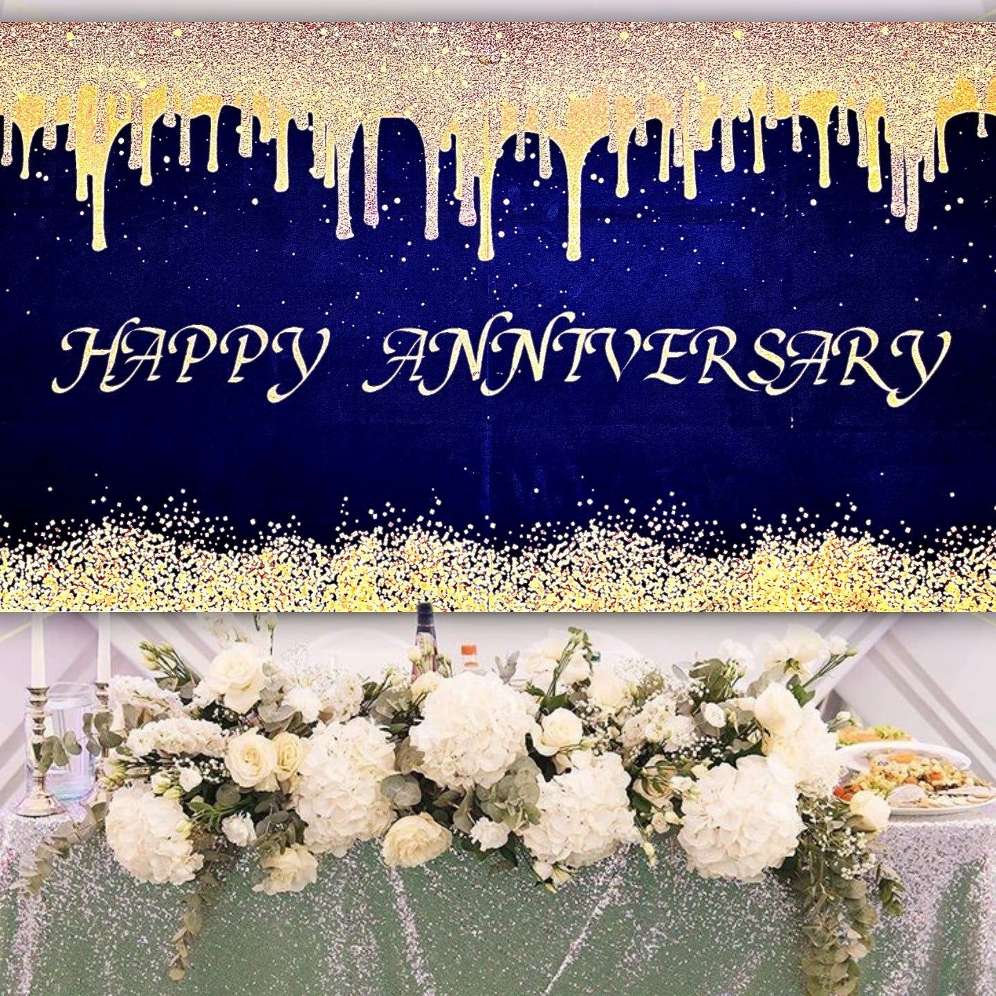 Happy Anniversary Black & Gold Banner for Glass/Wall or Door Decoration - 4FT x 2FT - 1PC