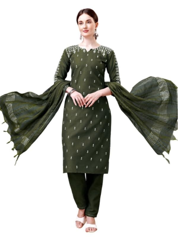 Women's Casual 3-4 th Sleeve Embroidery Cotton Kurti Pant Dupatta Set (Dark Green, M)-PID50218