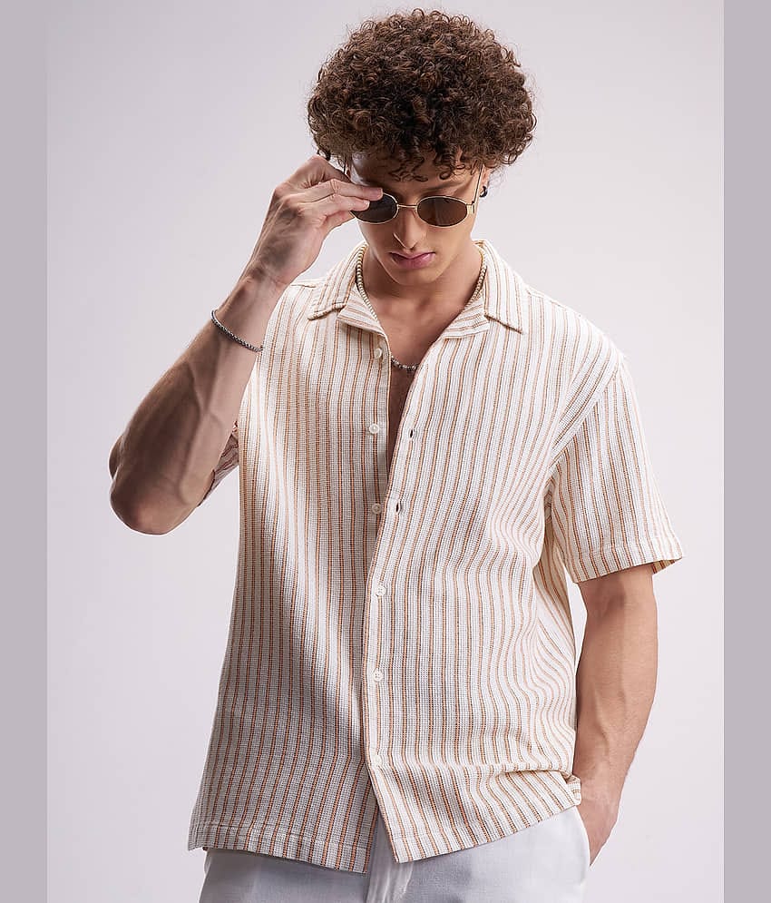 Highlander 100% Cotton Relaxed Fit Striped Half Sleeves Cuban Collar Men's Casual Shirt (Multicolor)