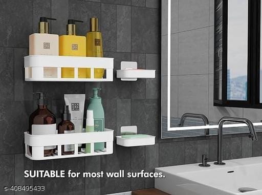 2 Multipurpose Bathroom Rack Wall Shelves With 2 Soap Cases