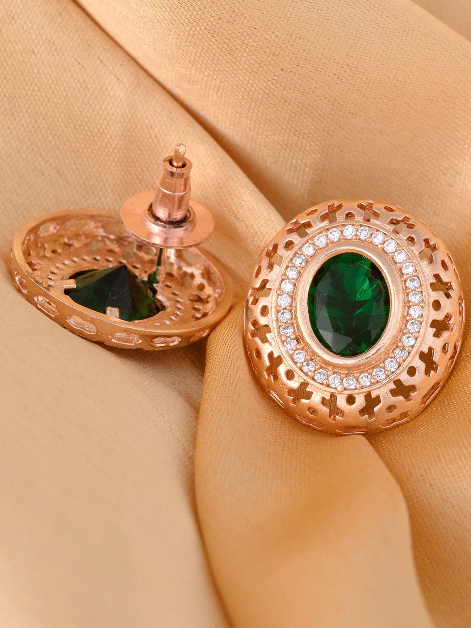 Royal Emerald Studs Rose gold plated AD handcrafted tops Green small earrings