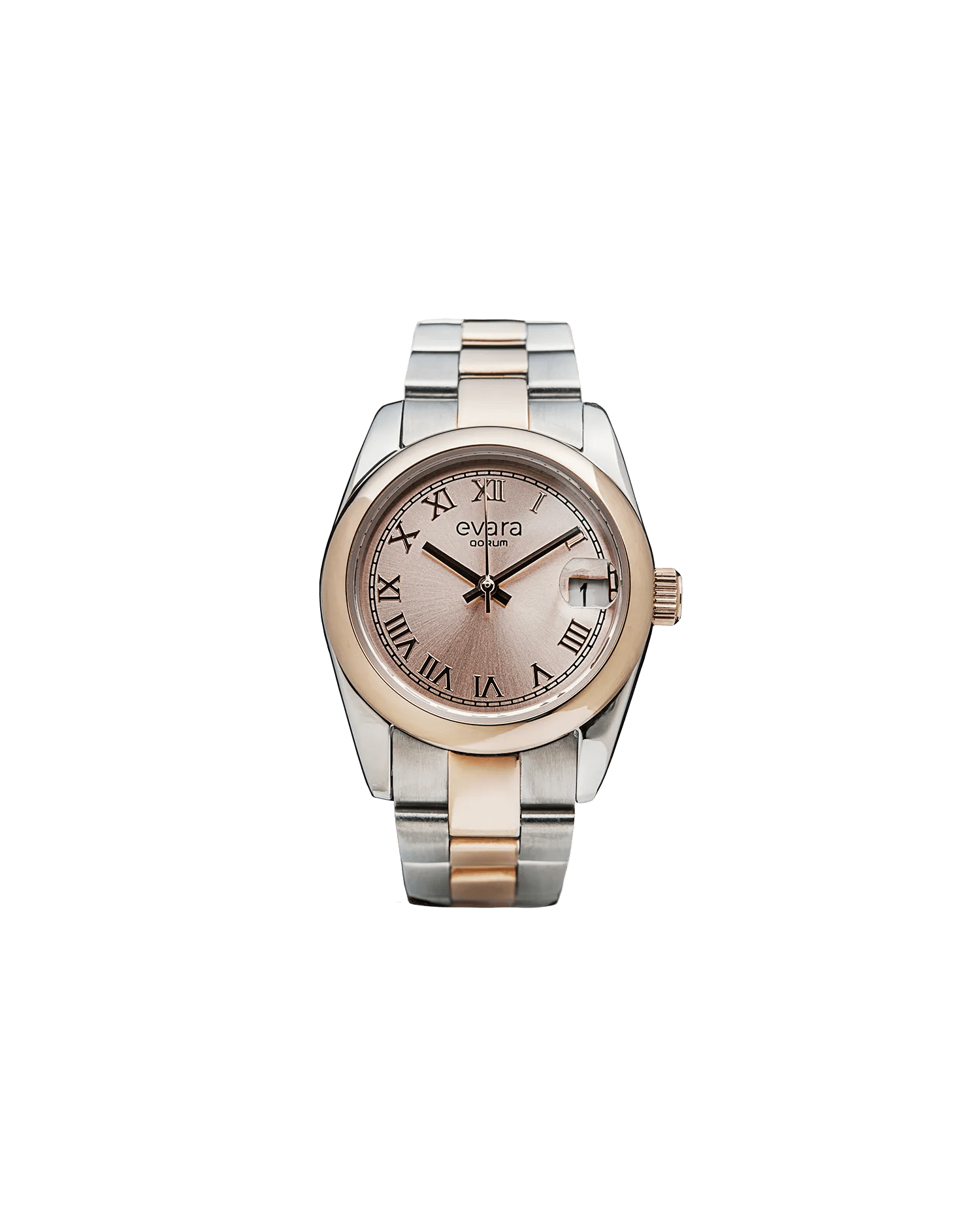 Qorum Evara Ladies Watch – Rose Gold Dial, Date Display, Two-tone Rose Gold Plated Stainless Steel Strap