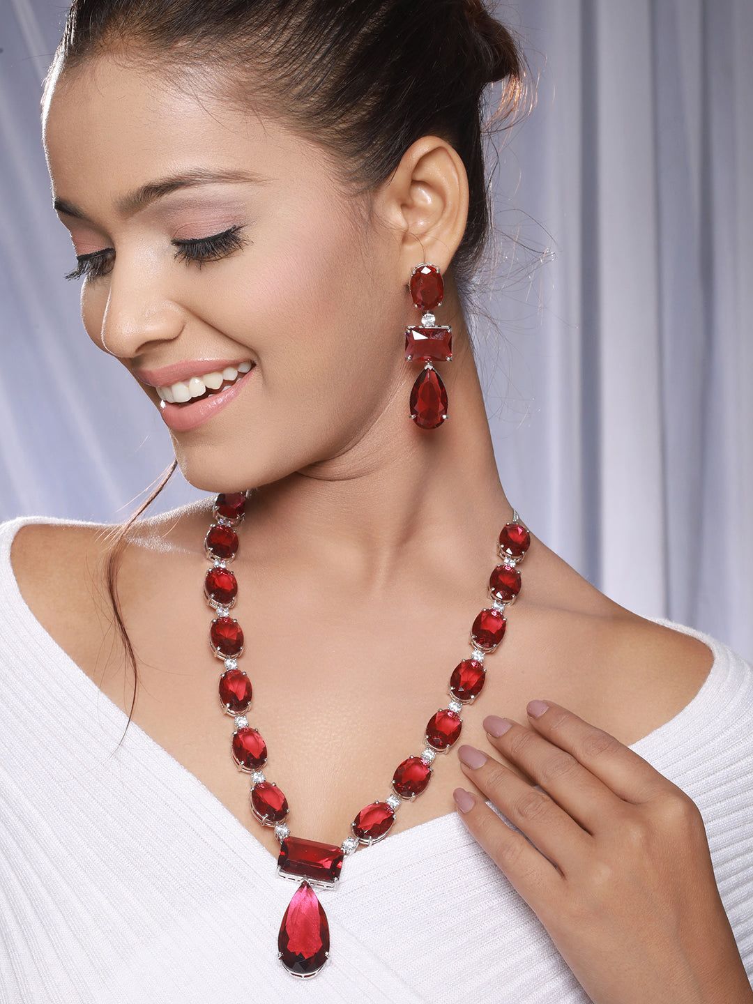 Silver Toned Red Ruby Designer Patywear Necklace Jewellery Set