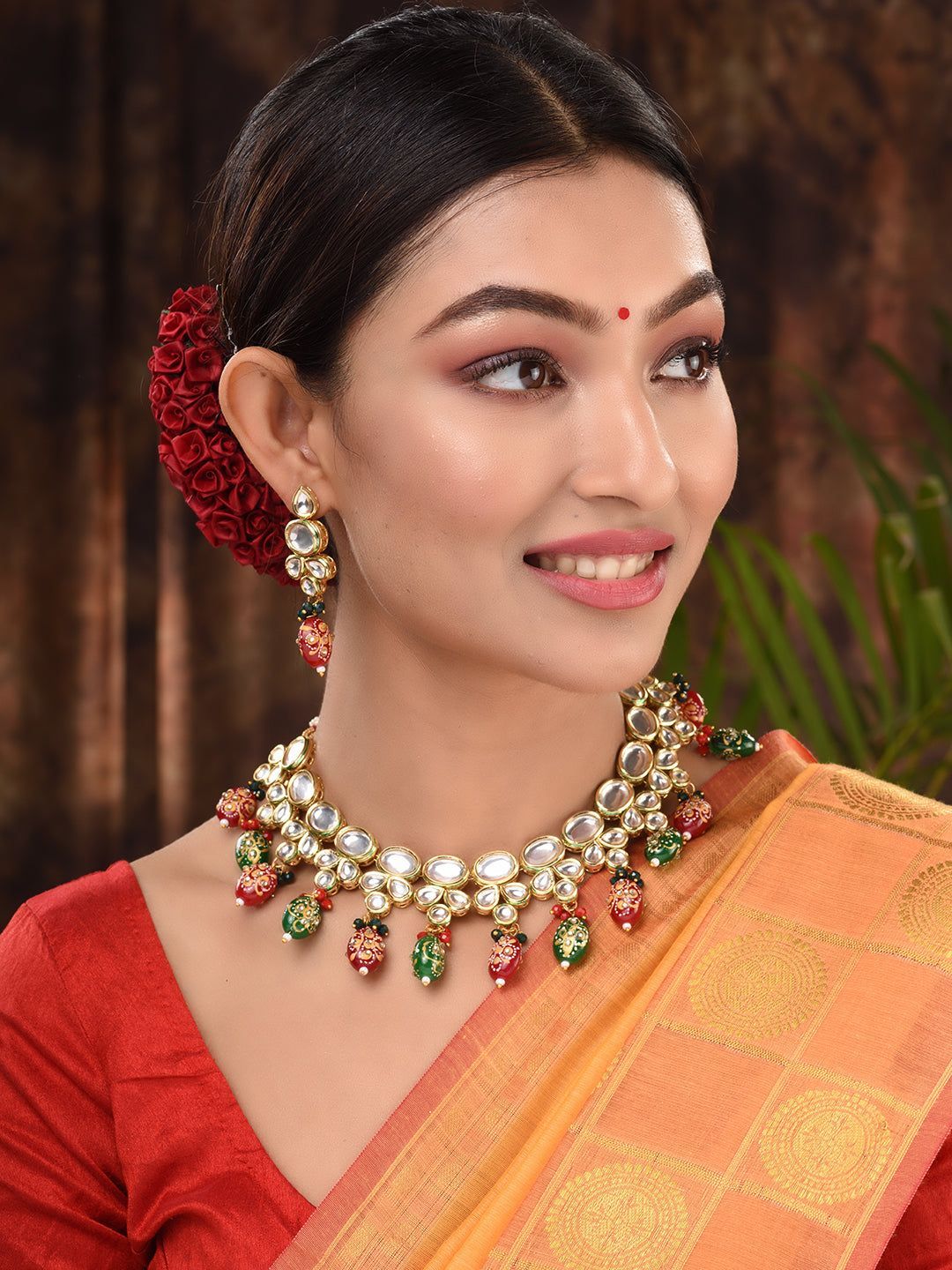 Gold Toned Kundan & Multi Bead studded Handcrafted Jewellery Set