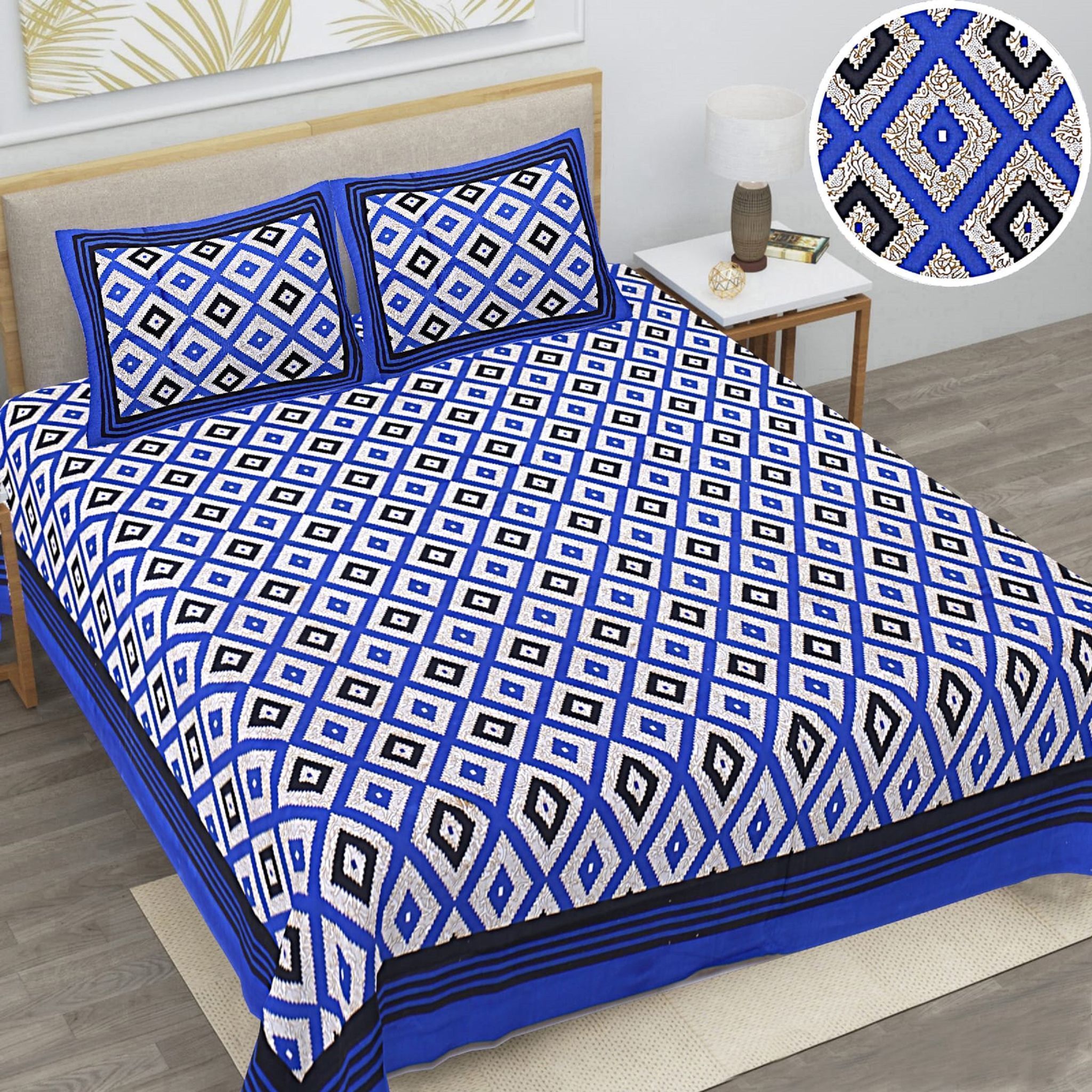 3001-Hometrade India-Standard King Size (90*108 Inches)-Pure Cotton Jaipuri Double Bedsheet With Matching Pillow Cover