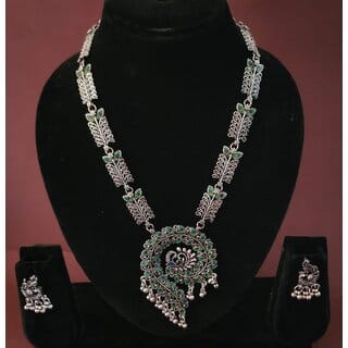 Elegant Long Pendant Style Oxidized Silver Tone Necklace and Earrings Set Brass Alloy Necklace with Earrings