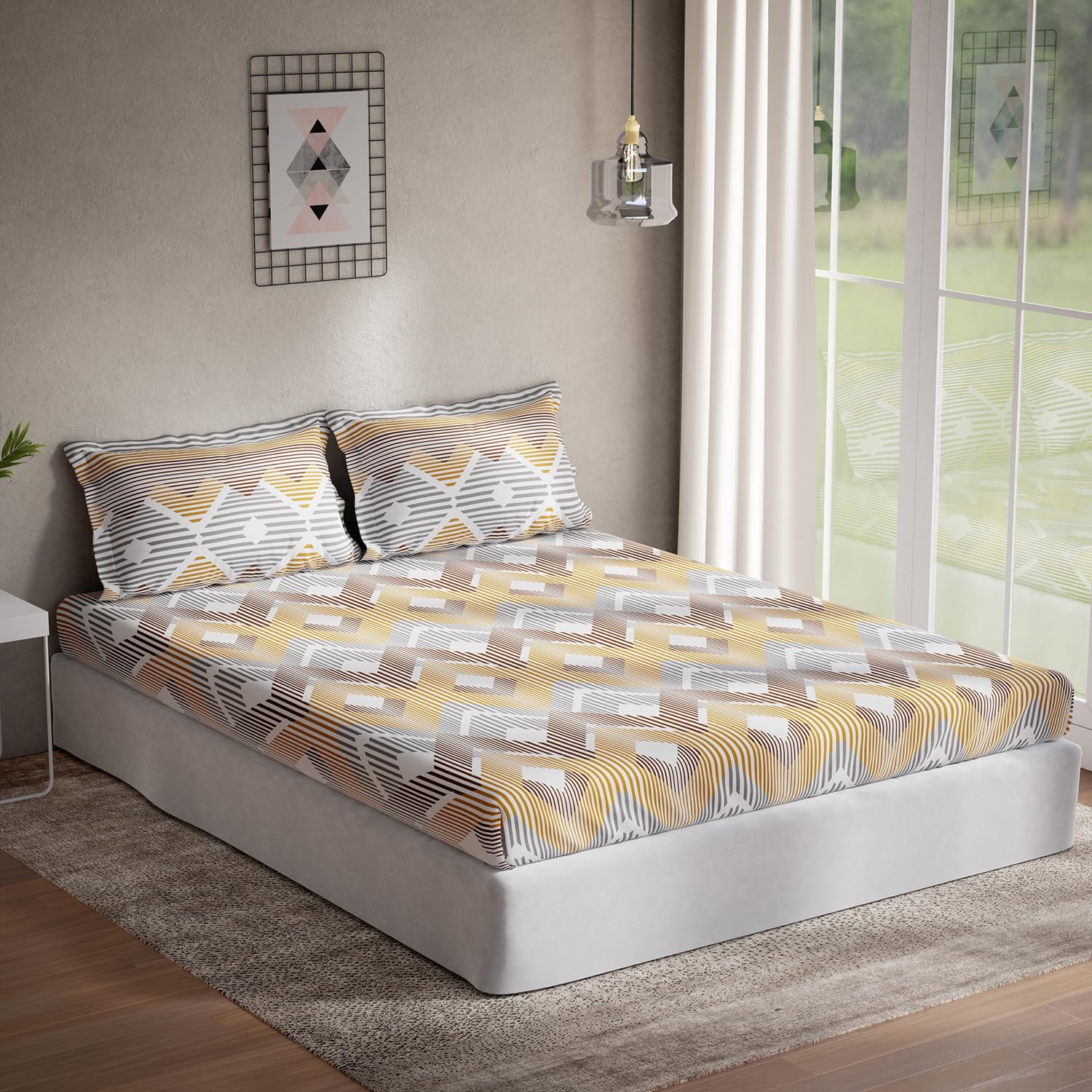 DDECOR - Optima Collection 100% Cotton Geometric Pattern 144TC Queen Bedsheet |224 CM X 254 CM| Brown