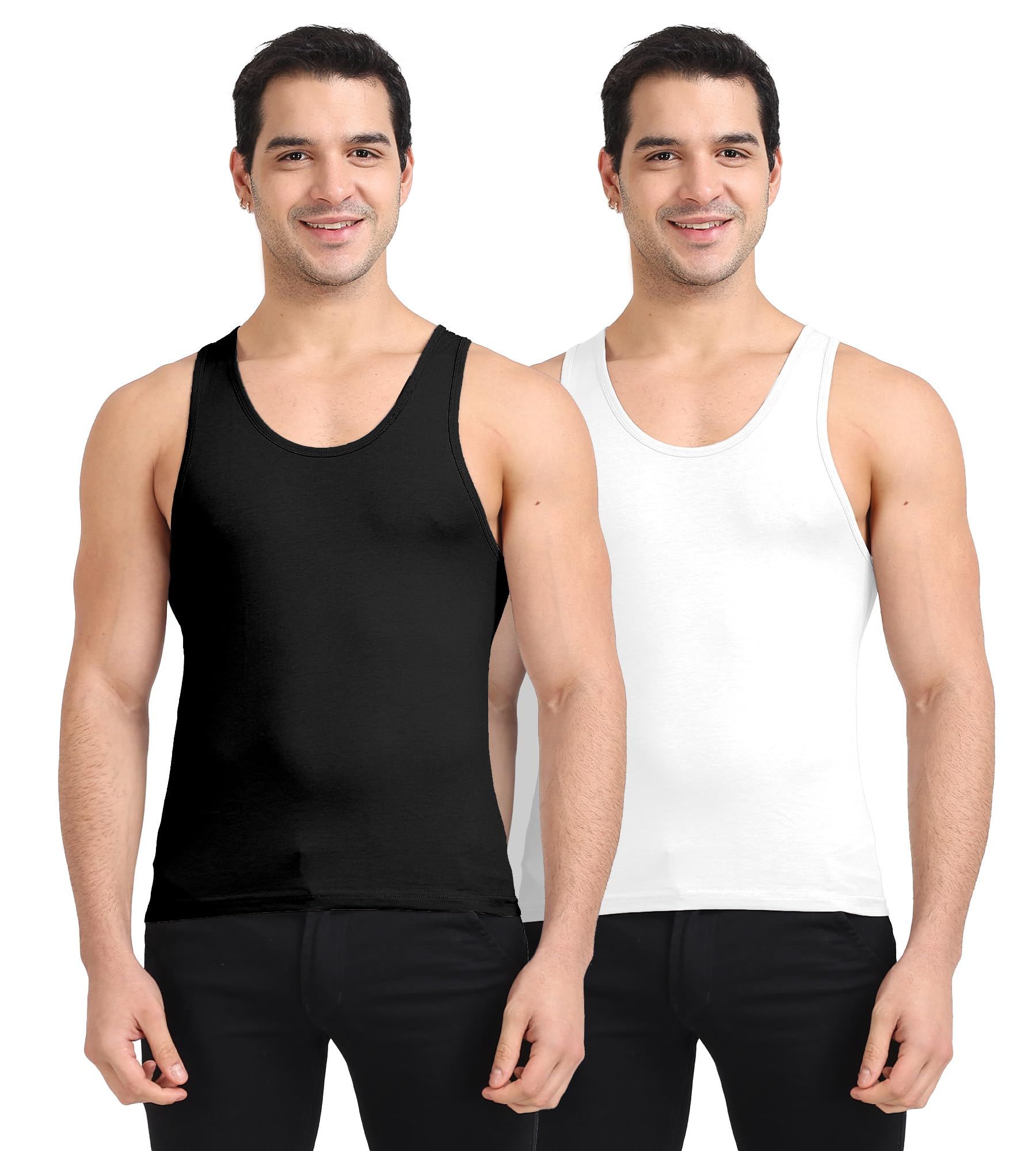 Freecultr Cotton Vest for Men Sleeveless Lightweight Solid Round Neck Comfort Vests Breathable & Comfortable Innerwear Sando for Man Regular Fit  Pack of 2-Black,White