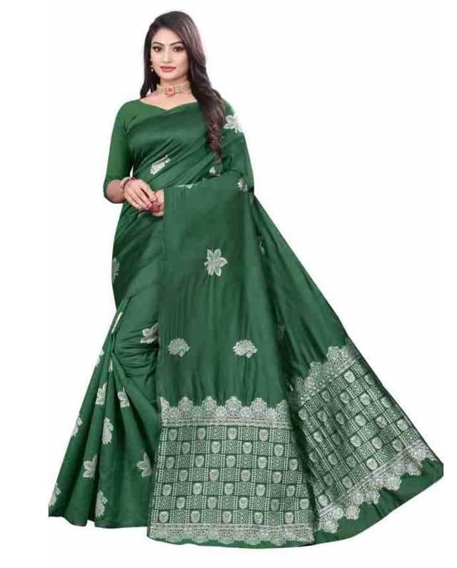 Women's Soft Lichi Silk Printed Saree With Unstitched Blouse 5.5Mtr (Green)-PID63572